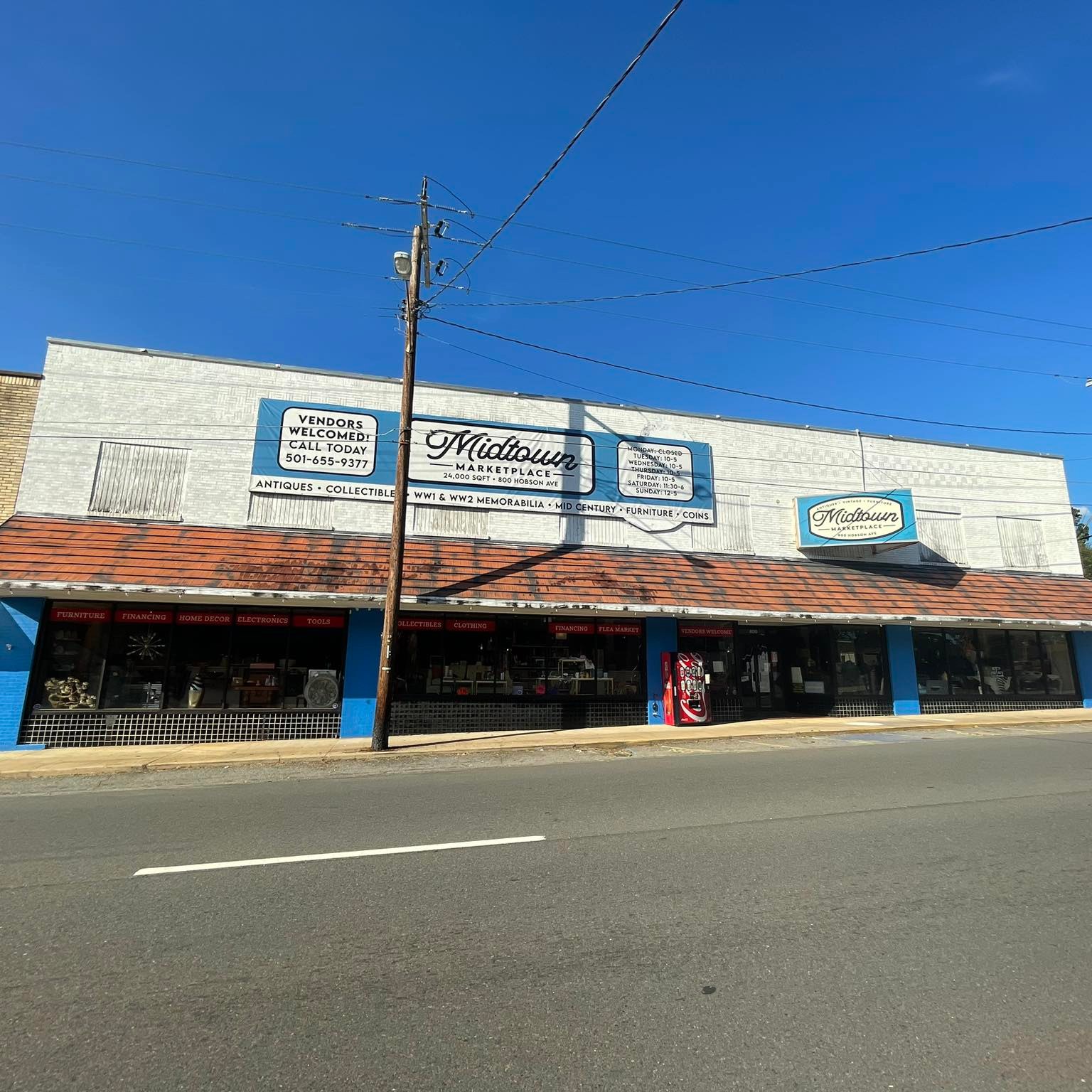 Midtown Marketplace storefront on Hobson Avenue with vintage signage